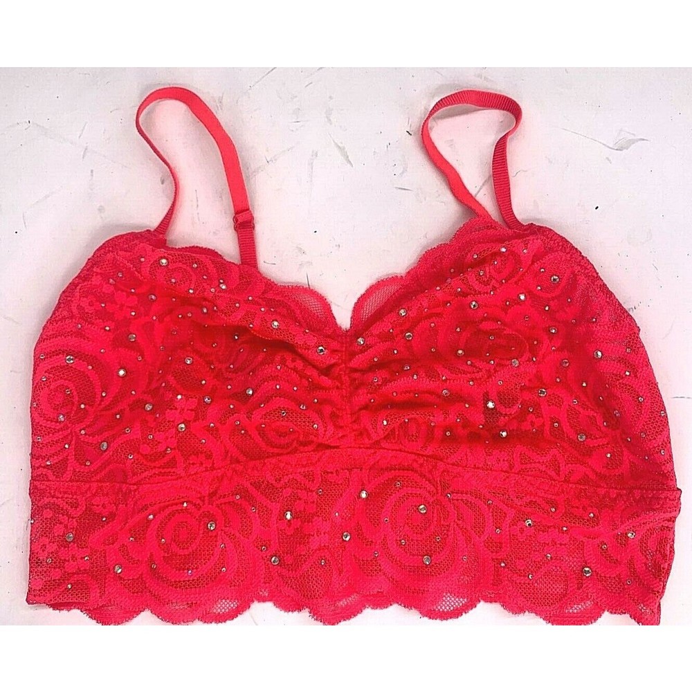 Victoria Secret Womens Pink Lace Bralette with Rhinestones Hot Pink Size Small